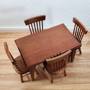 Dollhouse Kitchen Table with 4 Chairs Walnut Finish 1:12 Scale Furniture