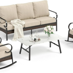 4Piece Patio Conversation Sets Sofa Chairs Metal&Rattan Furniture Set Heavy Duty